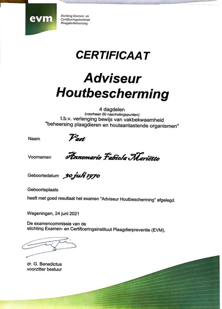 Certificering Fabiola Vast Houtwormbescherming - OBS ongediertebestrijding